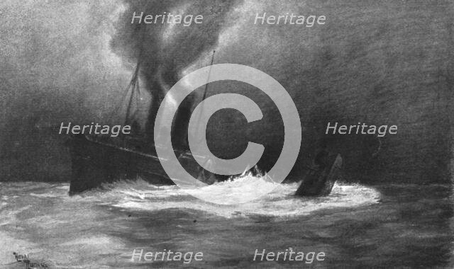 At sea; The English paddle steamer "Monas-Queen" crushes under its port ..., 1917. Creator: Henri Rudaux.