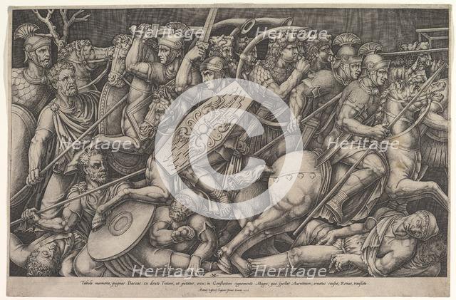 Roman soldiers fighting against Dacians, battle scene in shallow depth with horses and hor..., 1553. Creator: Nicolas Beatrizet.