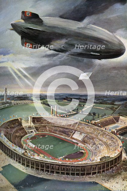 'Hindenburg' zeppelin above the Olympic Stadium, Berlin, 1936. Artist: Unknown
