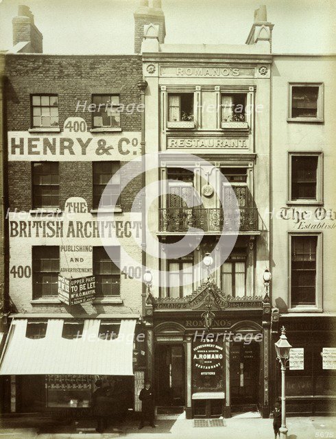 Exterior of Romano's Restaurant and adjoining buildings Strand, Westminster, London, 1885. Artist: Henry Bedford Lemere.