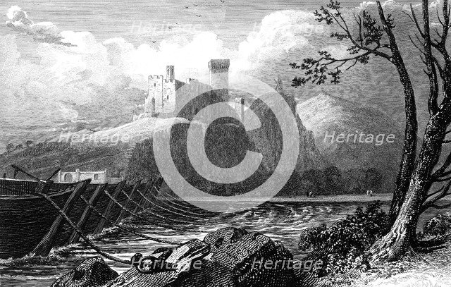 The Castle of Beaucaire and a bridge of boats over the Rhone, France, 1824. Creator: William Bernard Cooke.