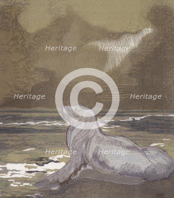 A white seal by the water; scene from "The Jungle Book", 1919. Creator: Paul Jouve.