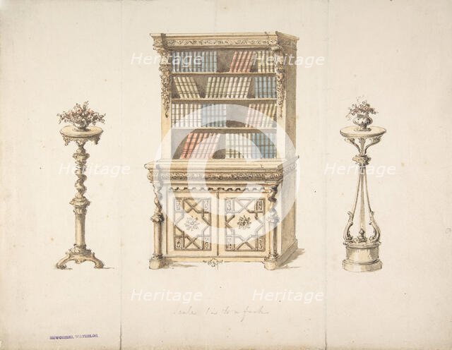 Design for a Cabinet-Bookcase and Two Stands for Flowers, early 19th century. Creator: Anon.