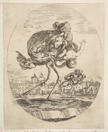 Death carrying an infant, from 'The five deaths' (Les cinq Morts), ca. 1648. Creator: Stefano della Bella.