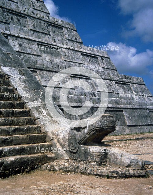 Base of El castillo, Serp sculpture, Chichen Itza, Yucatan, Mexico, Mayan, 900-1224 (1998). Creator: Unknown.