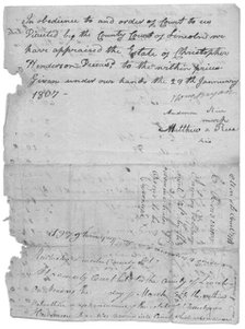 Part of a document listing slaves, animals, etc and values for each, 1807-01-29.  Creator: Unknown.