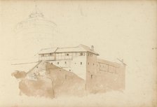 Tower and a building with a half-timbered facade, 1820-1896. Creator: Kasparus Karsen.