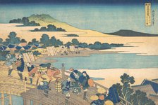 Fukui Bridge in Echizen Province (Echizen Fukui no hashi), from the series Remarkable V..., 1827-30. Creator: Hokusai.