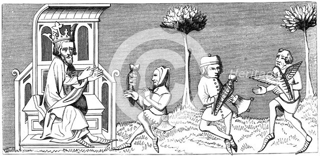 King Modus teaching the art of falconry, 14th century (1849). Artist: Unknown