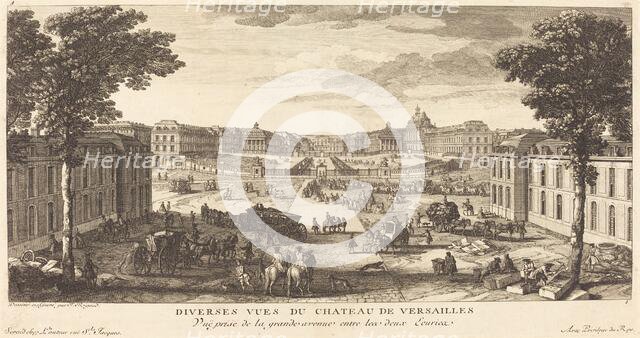 Vue Prise de la grande avenue entre les deux Ecuries. Creator: Jacques Rigaud.