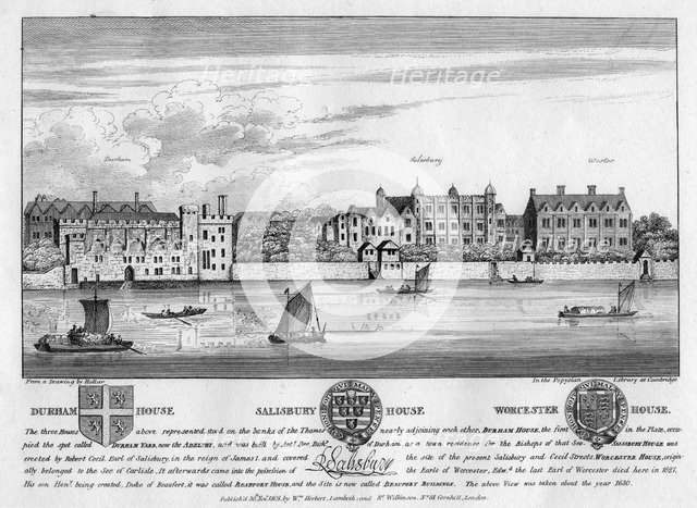 Durham House, Salisbury House, and Worcester House, London, c1630 (1808). Artist: Unknown