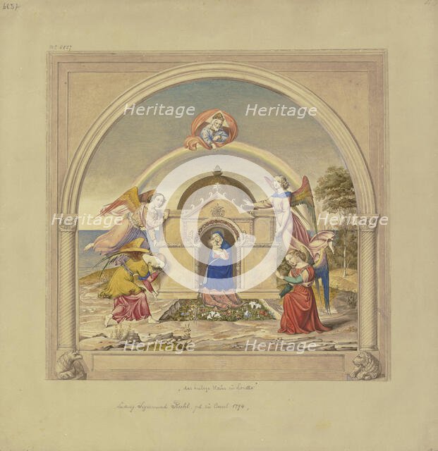 Angels carry the Holy Family's house from Nazareth to Loreto. Creator: Ludwig Sigismund Ruhl.