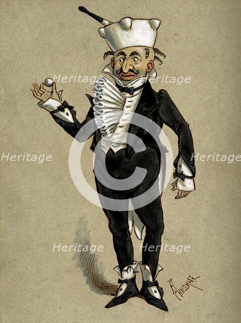 A theatrical figure in a tuxedo wearing a pestle and mortar as a hat..., 1870s. Creator: Archibald Chasemore.