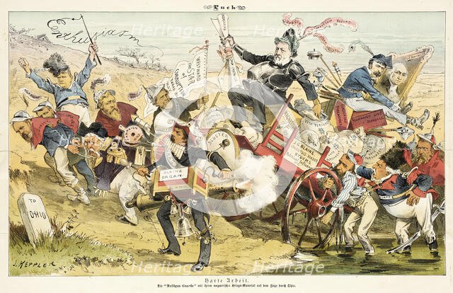 Harte Arbeit .... Cartoon from Puck, 1884. Creators: Joseph Keppler, Bernhard Gillam.