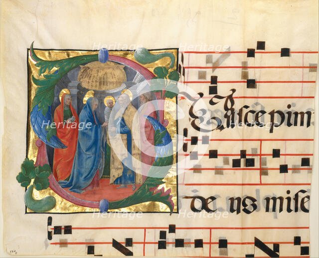Manuscript Illumination with the Presentation in the Temple in an Initial S, from a Gradual,1450-60. Creator: Unknown.