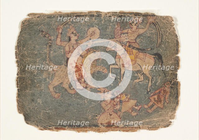 The Goddess Durga Slaying an Enemy; Page from a Dispersed Markandeya Purana..., 1650-60. Creator: Unknown.