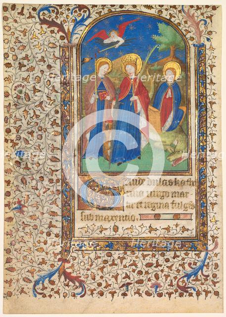 Leaf from a Book of Hours: Sts. Geneviève, Catherine of Alexandria, and Margaret (recto), c. 1415. Creator: Boucicaut Master (French, Paris, active about 1410-25), workshop of.