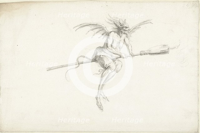 Monstrous witch on a broom, Mid of 17th cen..