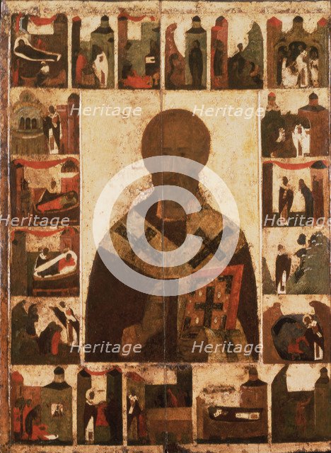 Saint Nicholas with scenes from his life, 14th century. Artist: Russian icon  