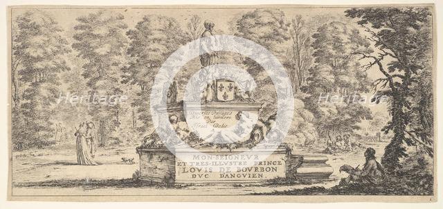 Plate 1: a monument with statues and a coat of arms in the center, a draughstman on th..., ca. 1641. Creator: Stefano della Bella.