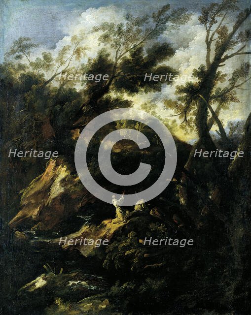 Landscape with Two Praying Monks, 1695-1697. Creator: Antonio Francesco Peruzzini.