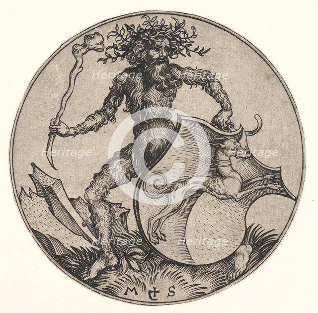 Shield with Greyhound Held by Wild Man, ca. 1435-1491. Creator: Martin Schongauer.
