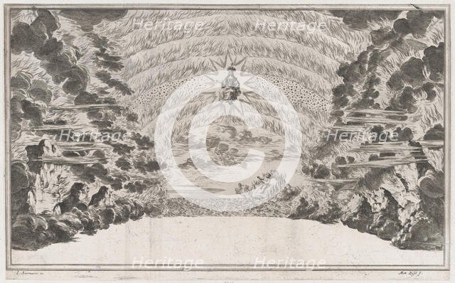A female figure in glory at center, surrounded by burning rocks; below Cupid sailing on a ..., 1668. Creator: Mathäus Küsel.