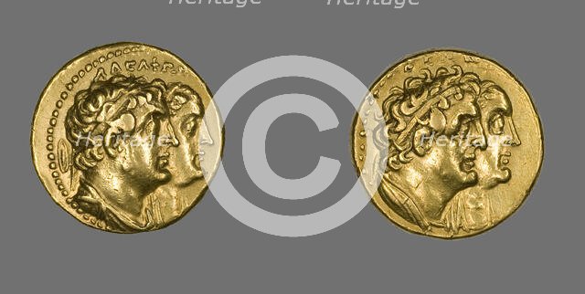 Tetradrachm (Coin) Portraying King Ptolemy II Philadelphos and Queen Arsinoe II, After 270 BCE. Creator: Unknown.