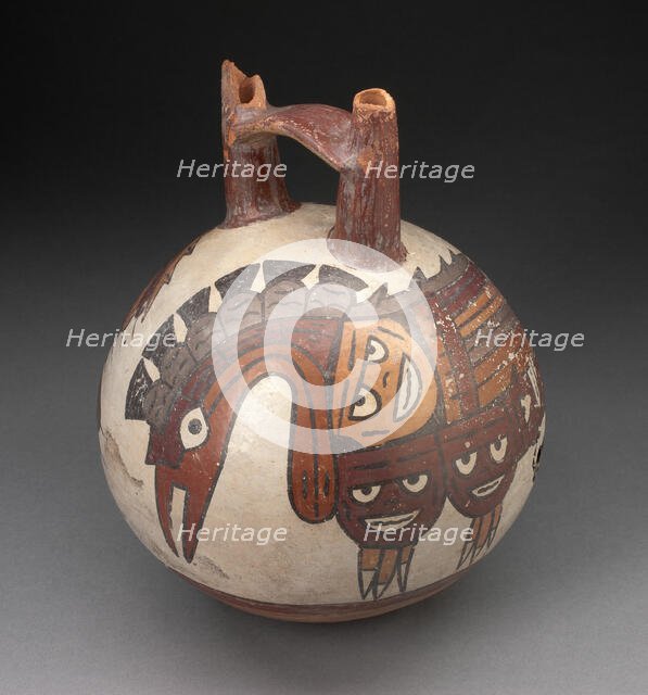 Double Spout Bridge Vessel Depicting Long-Necked, Crested Bird with..., 180 BC/AD 500. Creator: Unknown.