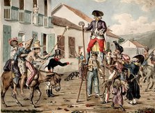 A street carnival in Bogotá, with a battle between personifications of medicine and..., 1822/1828. Creator: Francois Desire Roulin.