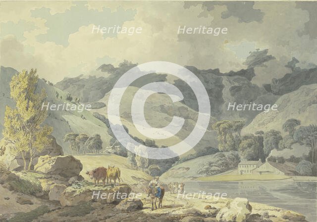 Mountain landscape, a girl on horseback on the path, two cows on the left, 1784. Creator: Francis Wheatley.