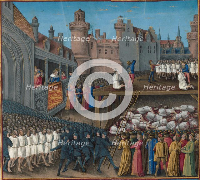 Massacre of the Saracen prisoners, ordered by King Richard the Lionheart, 1191, 1474-1475. Creator: Colombe, Jean (c. 1430-c. 1493).