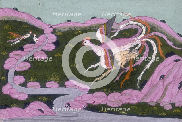 The Simurgh carrying the infant Zal to her nest on Mount Alburz, 1742.  Creator: Unknown.