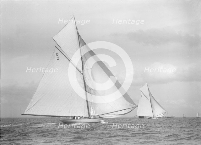 'Ostara' and 'Sophie Elizabeth' racing downwind, 1911. Creator: Kirk & Sons of Cowes.