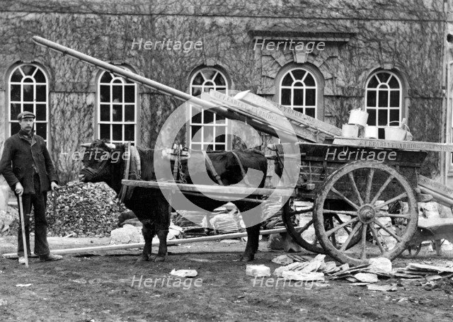 Workman posing outside a house with a bullock cart, Kingston Lisle, Oxfordshire, c1860-c1922. Artist: Henry Taunt