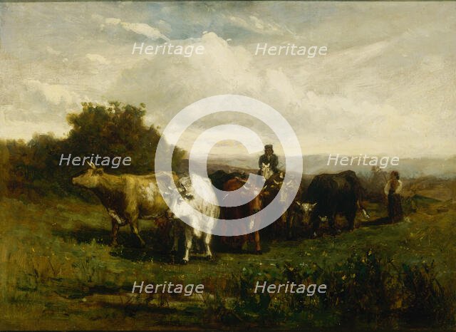 Untitled (man on horseback, woman on foot driving cattle), 1880. Creator: Edward Mitchell Bannister.