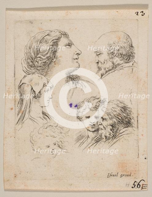 Plate 9: five heads, two young women at left, a bearded man at upper right, a young wo..., ca. 1649. Creator: Stefano della Bella.