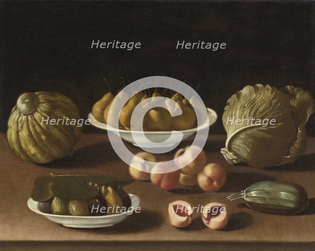 Still life with pears, peaches, figs, a melon, cabbage and marrow. Artist: Barbieri, Paolo Antonio (1603-1649)