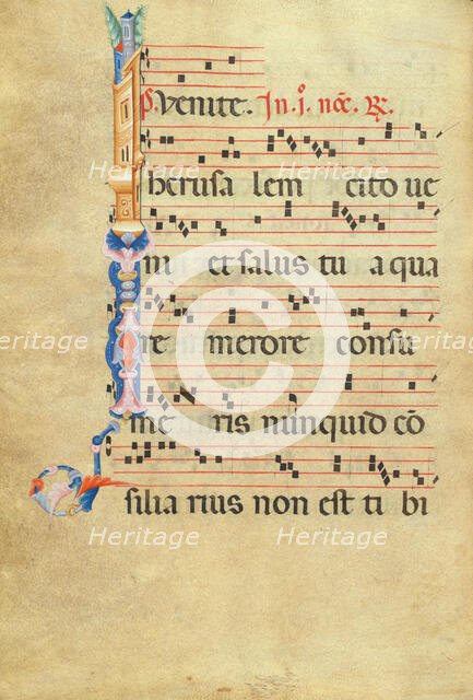 Initial I: City Walls of Jerusalem; Antiphonal, late 13th century. Creator: Unknown.