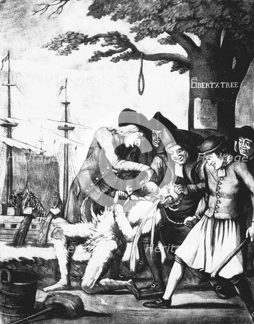 Bostonians tarring and feathering the Excise man and forcing tea down his throat, Boston Tea Party. Artist: Unknown