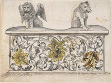 Ornamental design for front of a chest with winged lion and bear, 19th century. Creator: Anon.