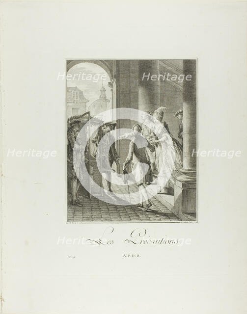 The Precautions, from Monument du Costume Physique et Moral de la fin du..., 1777. Creators: Pietro Antonio Martini, Laurent-François Prault.