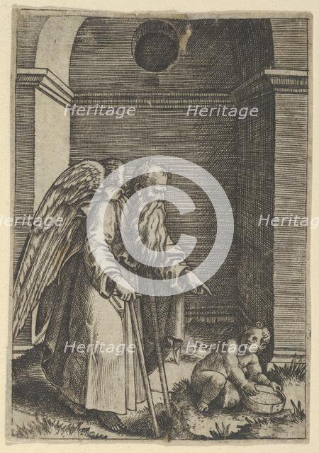 An elderly winged man with a long beard walking with crutches, possibly representin..., ca. 1510-27. Creator: Marcantonio Raimondi.