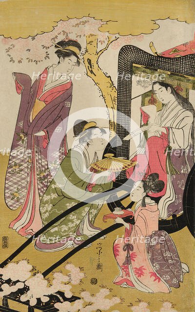 Noble woman in a carriage viewing cherry blossoms, c. 1796. Creator: Hosoda Eishi.