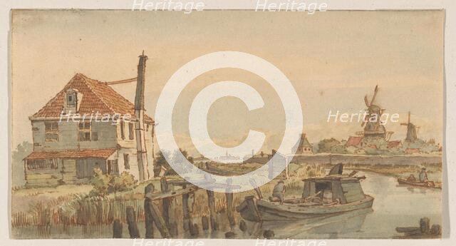 Boat on a canal, a house and two windmills, 1801-1873.  Creator: George Pieter Westenberg.