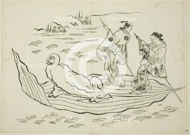 Daruma crossing the sea on a leaf, no. 7 from a series of 12 prints, c. 1708. Creator: Okumura Masanobu.