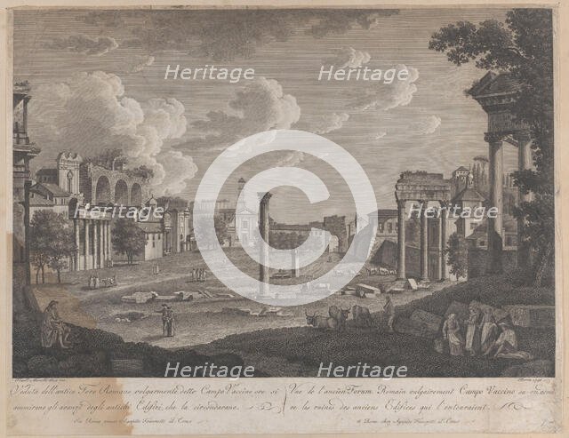 View of the Campo Vaccino, with the Colosseum in the background and the ruins of the Templ..., 1796. Creator: François Morel.