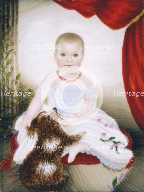 Baby with Rattle and Dog, 1842. Creator: Clarissa Peters.