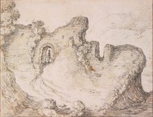 Rocky landscape with ruins, forming the profile of a man's face, c. 1650. Artist: Saftleven, Herman (1609-1685)
