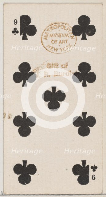 Nine Clubs (black), from the Playing Cards series (N84) for Duke brand cigarettes, 1888., 1888. Creator: Unknown.